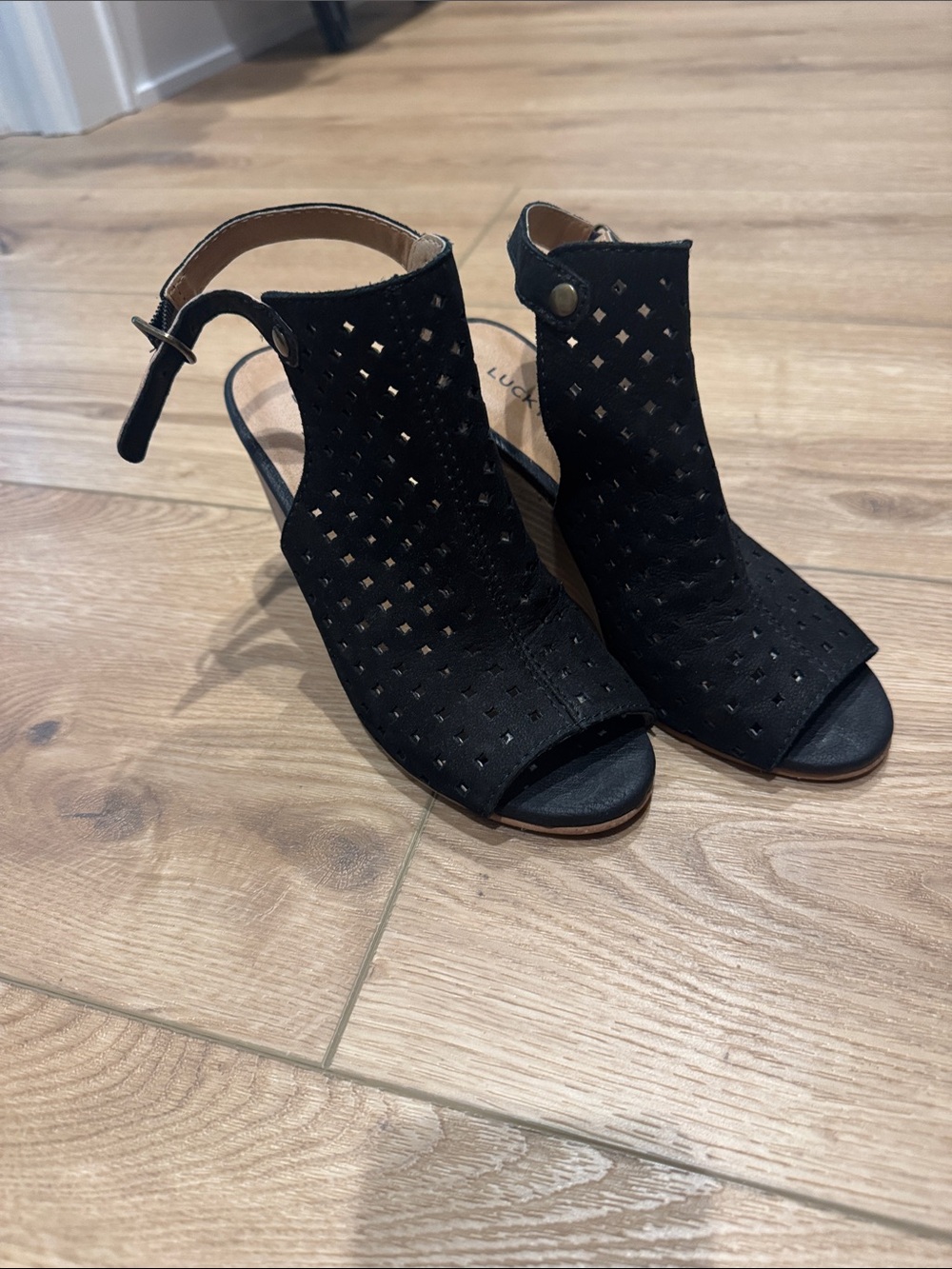 Lucky Brand Black Perforated Peep-Toe Slingback Heels
